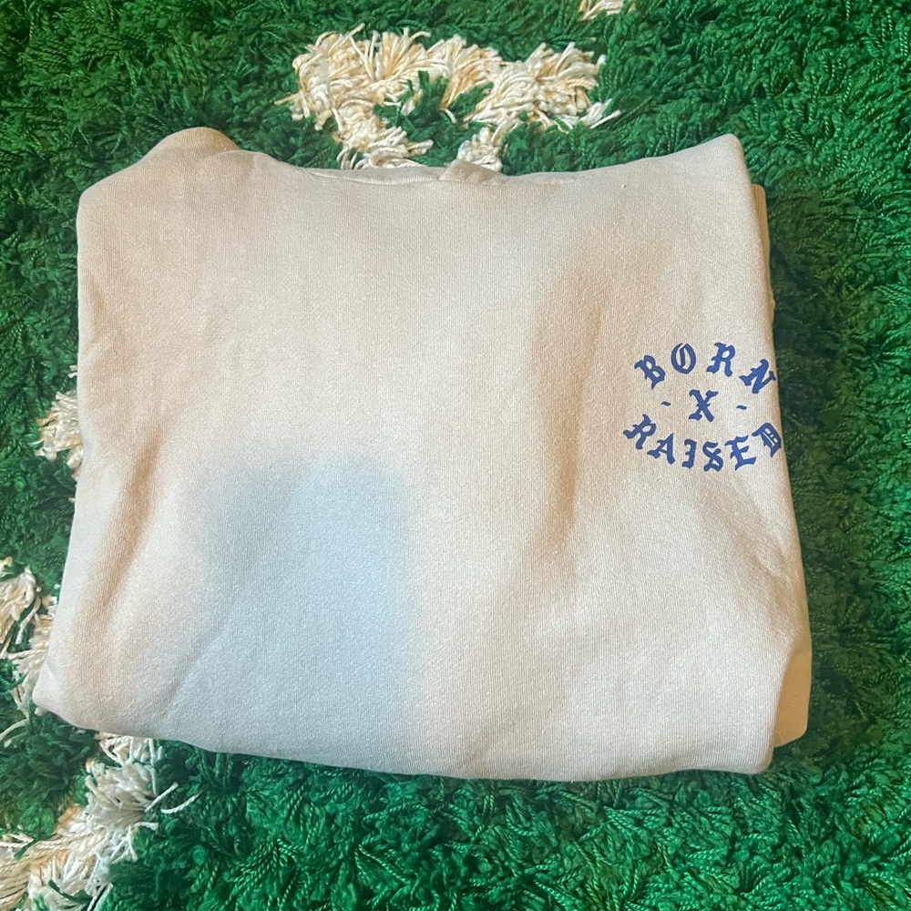 BORN X RAISED Cream Sweater with Blue Logo Size L Brand New